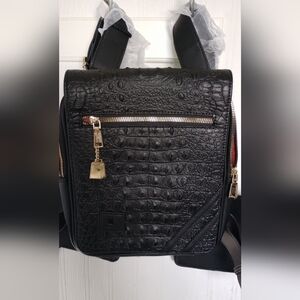 Black Crocodile Embossed Handbag with Gold Accents